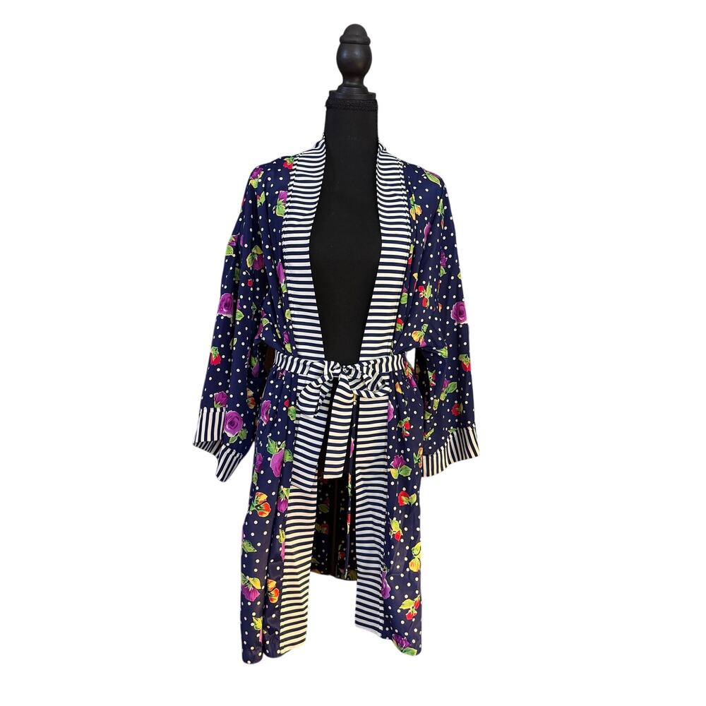 Victoria Secret Vintage Gold Label Blue Floral Striped Belted One Size Robe